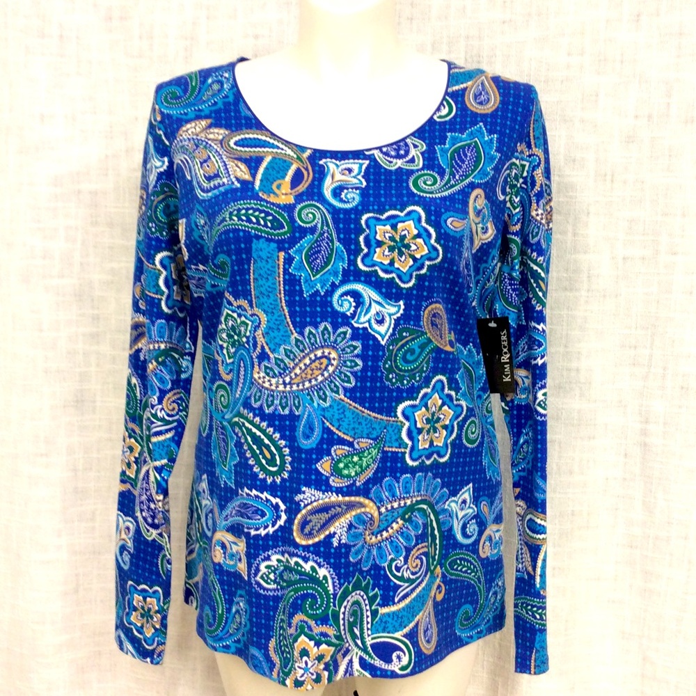 Kim Rogers Blue & Multicolors Long Sleeve Xl Top